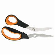 Black and orange herb shears with stainless steel blades, one serrated for cutting herbs.
