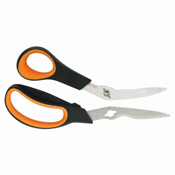 Black and orange herb shears with stainless steel blades, one serrated for cutting herbs.
