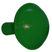 Green plastic watering can rose with perforated head for gentle sprinkling.
