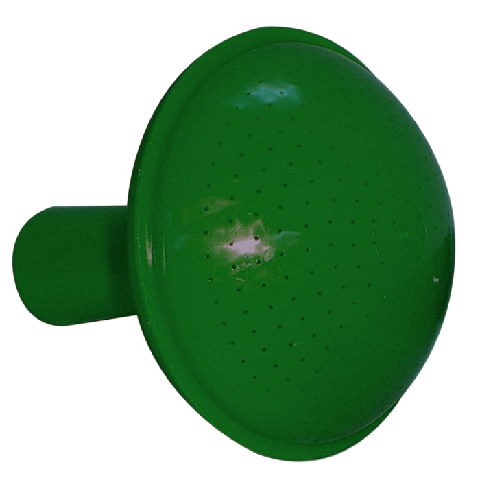 Green plastic watering can rose with perforated head for gentle sprinkling.
