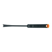 Black weeding tool with orange handle, isolated on white background.
