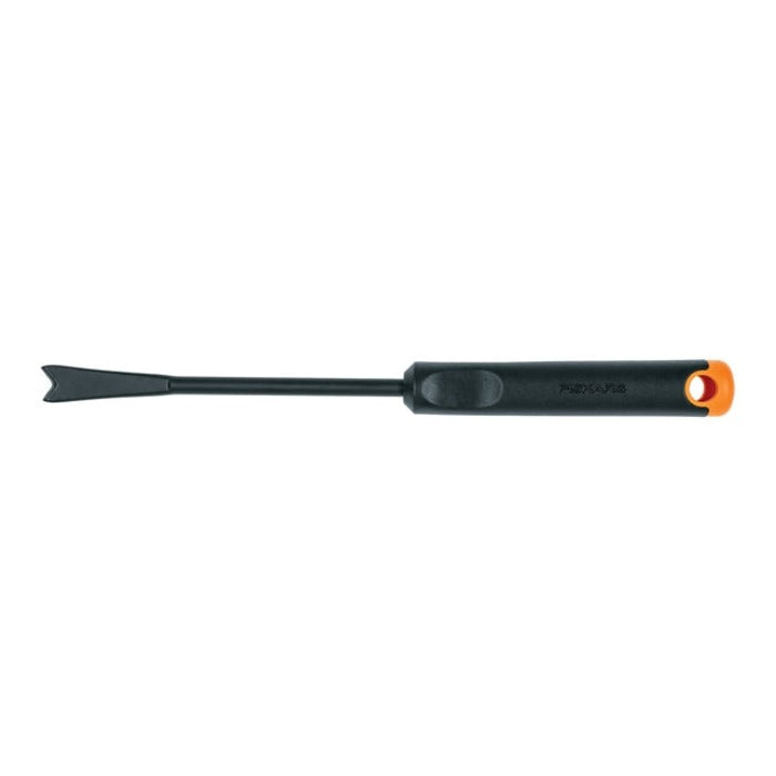 Black weeding tool with orange handle, isolated on white background.
