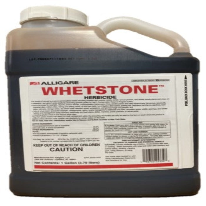 One-gallon jug of dark brown herbicide with detailed label instructions.
