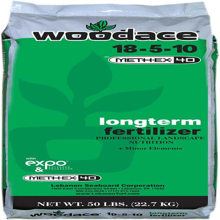 Woodace Longterm 18-5-10 fertilizer: 50 lb bag, professional landscape nutrition with minor elements.

