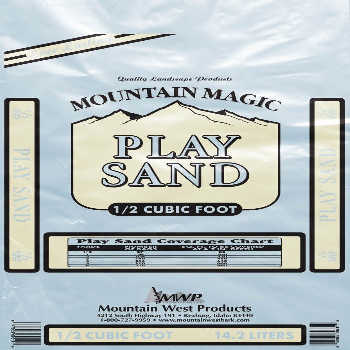 Mountain West Playground Sand, 1/2 cubic foot bag, perfect for kids' play areas.

