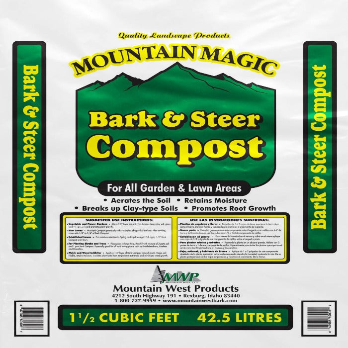 Mountain West Premium Bark & Steer Compost: 1.5 cu ft bag, aerates soil, retains moisture, improves root growth for gardens & lawns.
