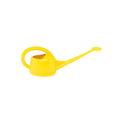 Bright yellow plastic watering can, two-liter capacity, ideal for gardening.
