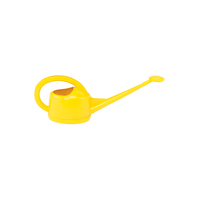 Bright yellow plastic watering can, two-liter capacity, ideal for gardening.
