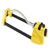 Yellow oscillating sprinkler with adjustable spray and brass nozzles.
