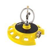Yellow metal spinning sprinkler with a wide base for even lawn watering.
