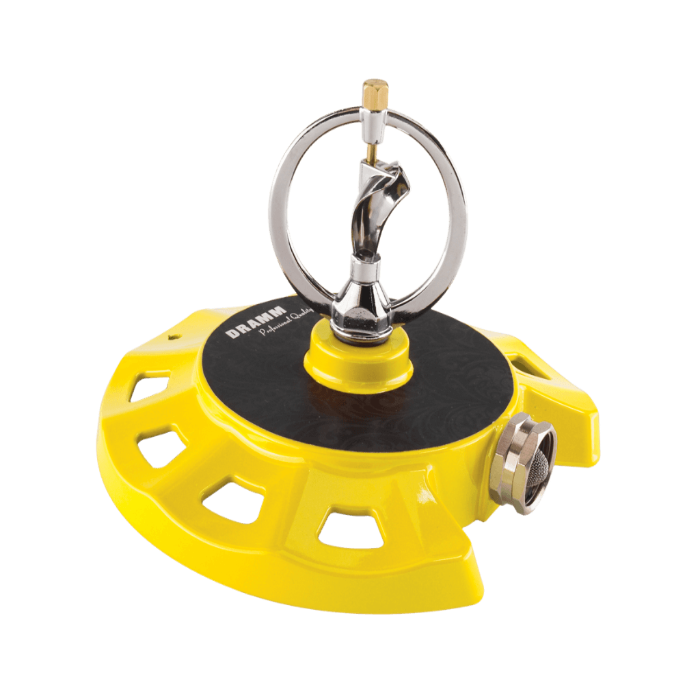 Yellow metal spinning sprinkler with a wide base for even lawn watering.
