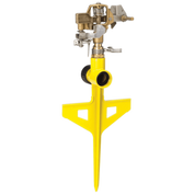 Yellow circular sprinkler with brass head, ideal for efficient lawn watering.
