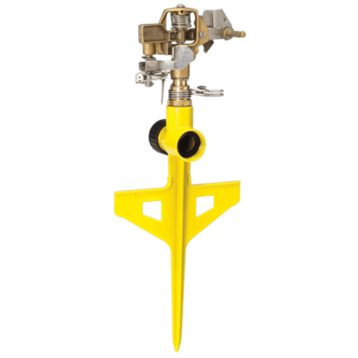 Yellow circular sprinkler with brass head, ideal for efficient lawn watering.
