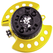 Yellow plastic garden sprinkler with adjustable spray patterns.
