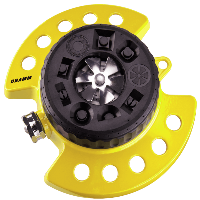 Yellow plastic garden sprinkler with adjustable spray patterns.
