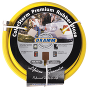 50-foot yellow rubber hose, shown coiled with features highlighting durability and cold-weather flexibility.
