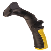 Black and yellow plastic fan nozzle for watering; ergonomic design.
