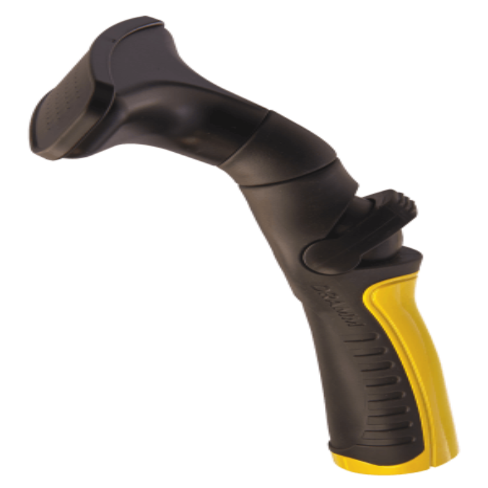 Black and yellow plastic fan nozzle for watering; ergonomic design.
