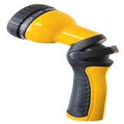 Yellow and black 9-pattern adjustable spray nozzle for watering gardens.
