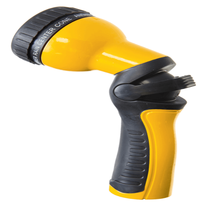 Yellow and black 9-pattern adjustable spray nozzle for watering gardens.
