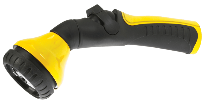 Yellow and black plastic garden nozzle with adjustable spray settings.
