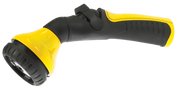 Yellow and black plastic garden nozzle with adjustable spray settings.
