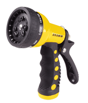 Yellow and black 9-pattern spray nozzle with ergonomic grip for comfortable watering.

