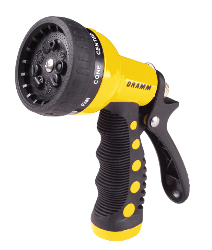 Yellow and black 9-pattern spray nozzle with ergonomic grip for comfortable watering.
