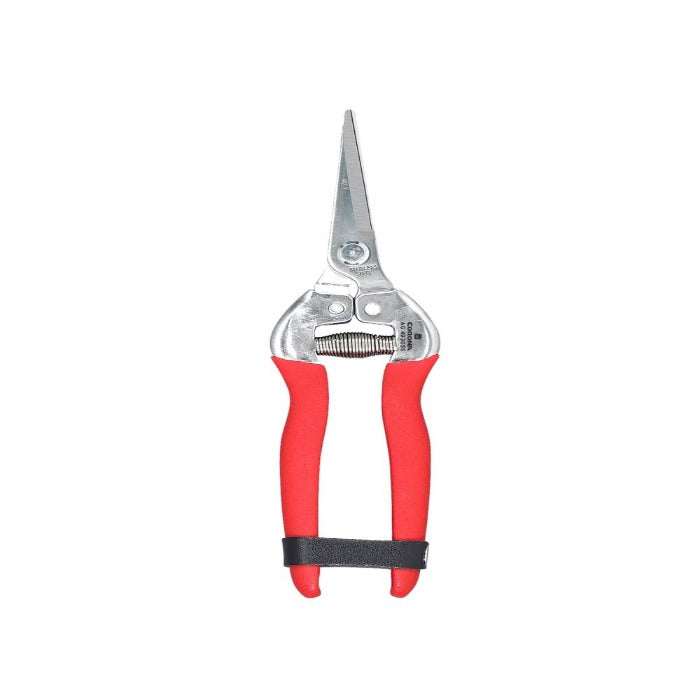 Corona Long Curved Snip, stainless steel, red handles, for precise cutting.
