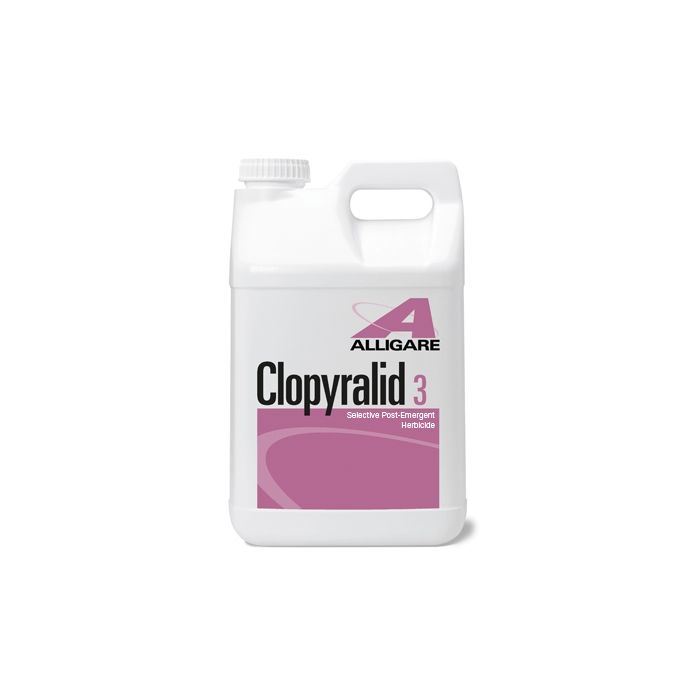 Alligare Clopyralid 3 (Sonora): Selective post-emergent herbicide in a white jug.
