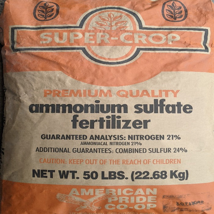 American Pride Co-op Super-Crop Ammonium Sulfate 21-0-0 fertilizer, 50 lbs bag, 21% nitrogen, 24% sulfur.
