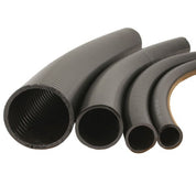Flexible black PVC pipes in various diameters, shown curved on a white background.
