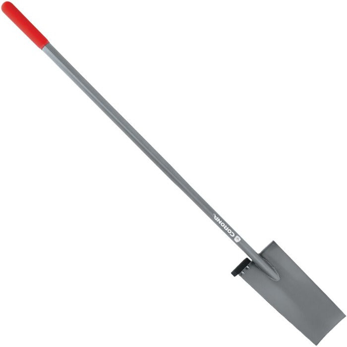Corona Steel Spade, 15-inch straight blade, gray steel with red handle.
