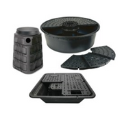 36-inch disappearing waterfall basin kit:  black plastic components, including reservoir, pump housing, and tiered basin sections.
