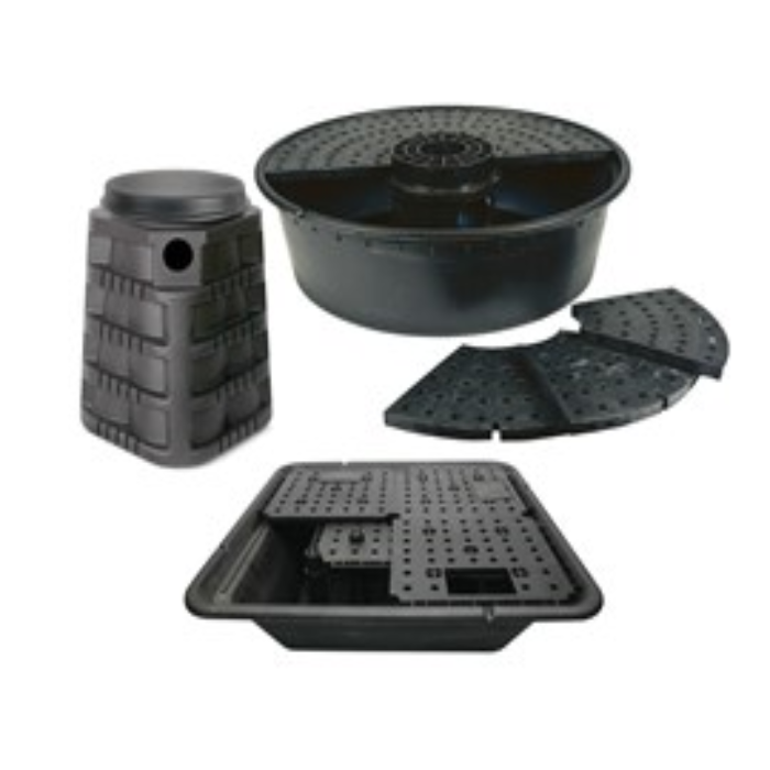 36-inch disappearing waterfall basin kit:  black plastic components, including reservoir, pump housing, and tiered basin sections.
