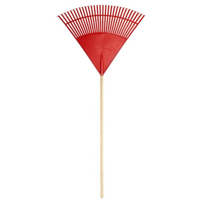 Corona Wide-Head Poly Leaf Rake with red plastic head and wooden handle, ideal for efficient leaf cleanup.

