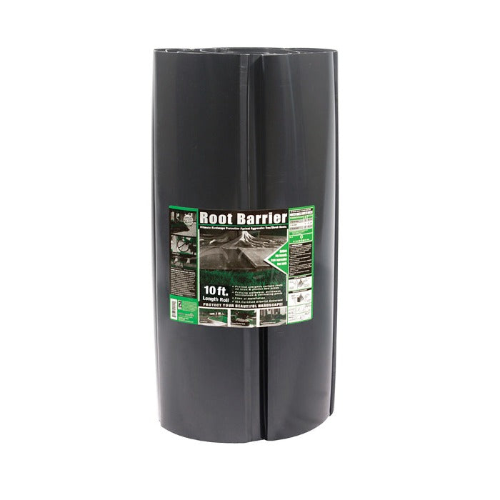 Ten-foot roll of dark gray plastic root barrier; product label shows installation details.
