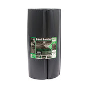 Ten-foot roll of dark gray plastic root barrier; product label shows installation instructions.
