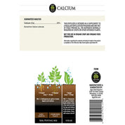 Calcium supplement label: 20% calcium carbonate, instructions for soil and foliar application.
