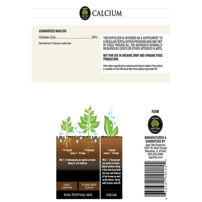 Calcium supplement label: 20% calcium carbonate, instructions for soil and foliar application.
