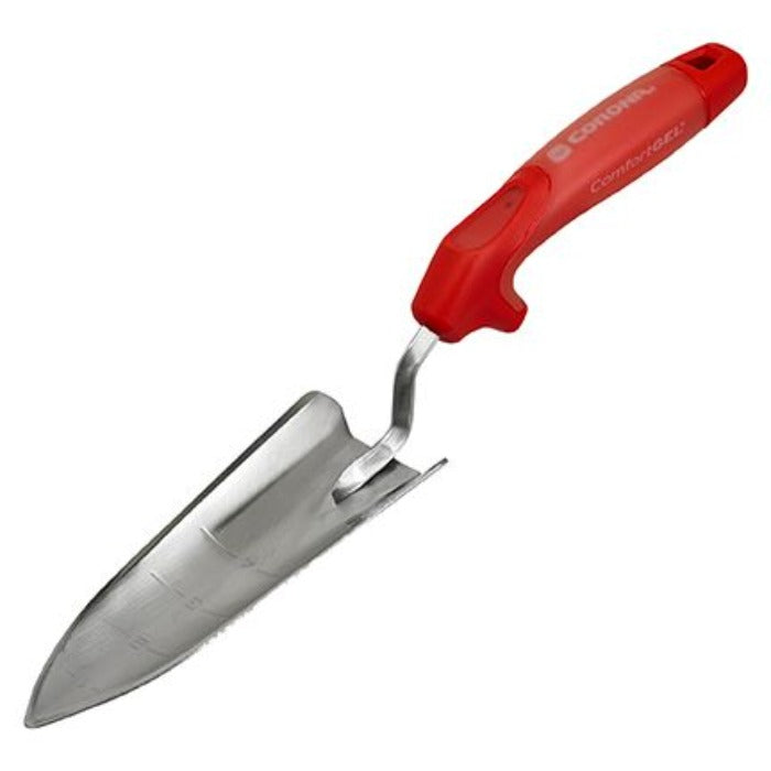 Corona Premium ComfortGEL Transplanter: Stainless steel tool with red ergonomic handle for comfortable gardening.
