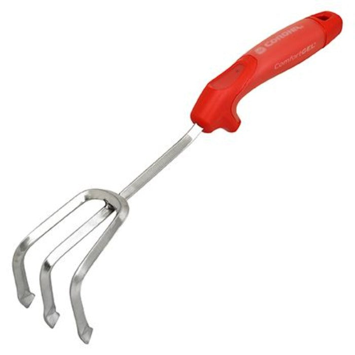 Corona Premium ComfortGEL Cultivator - Stainless steel hand cultivator with red ergonomic handle.
