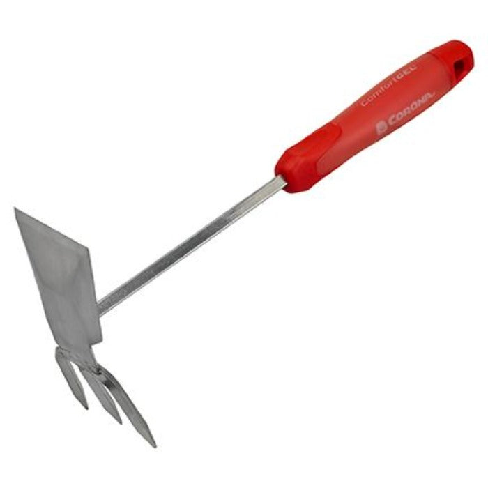 Corona ComfortGEL Hoe/Cultivator: Stainless steel gardening tool with red ergonomic handle.
