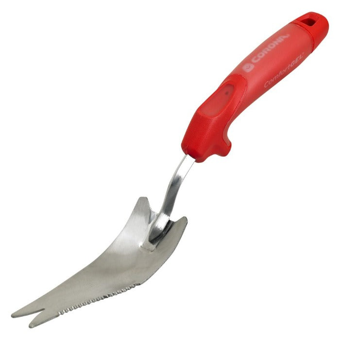 Corona Premium ComfortGEL Weeder: Stainless steel, red ComfortGEL handle, ergonomic design for easy weeding.
