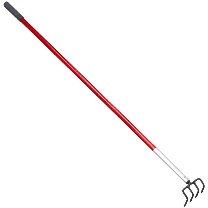 Corona Cultivator - 4 Prong: Red handle, four-prong cultivator for gardening.
