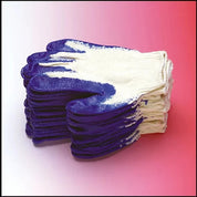 Stack of purple-dipped work gloves on pink background
