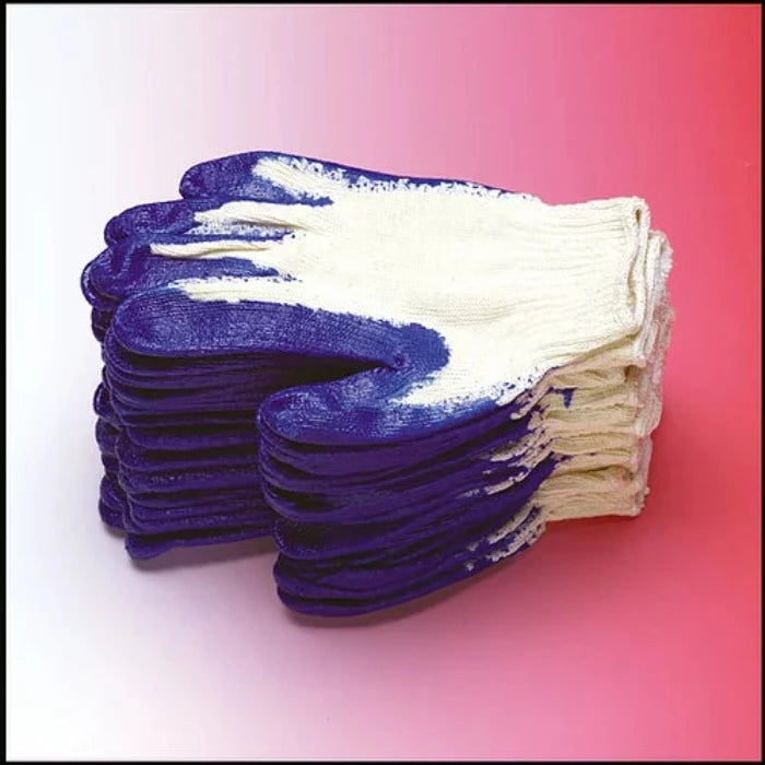 Stack of purple-dipped work gloves on pink background
