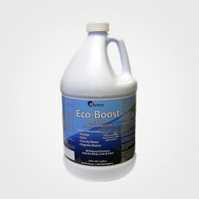 Auraco Eco-Boost Natural Lake Clarifier: 128 fl oz bottle clarifies pond water, eliminating sludge, odor, and cloudy water. Safe for all wildlife.
