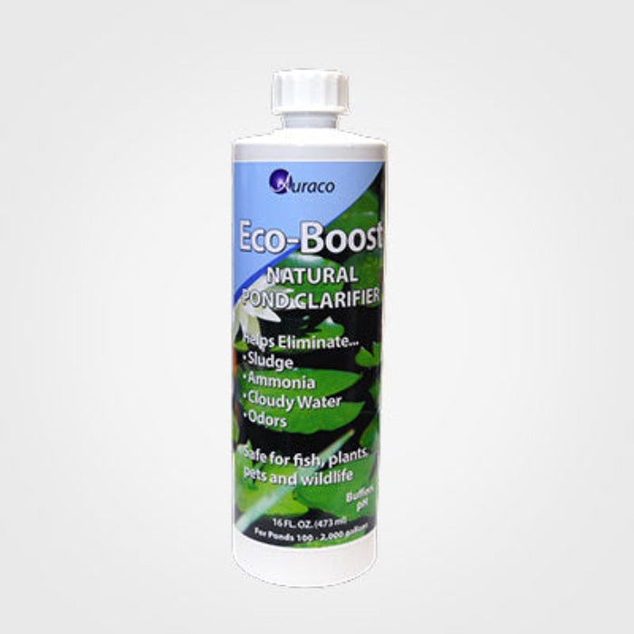 Auraco Eco-Boost Natural Pond Clarifier: 16 fl oz bottle, clarifies cloudy water, eliminates sludge, ammonia & odors; safe for fish & wildlife.

