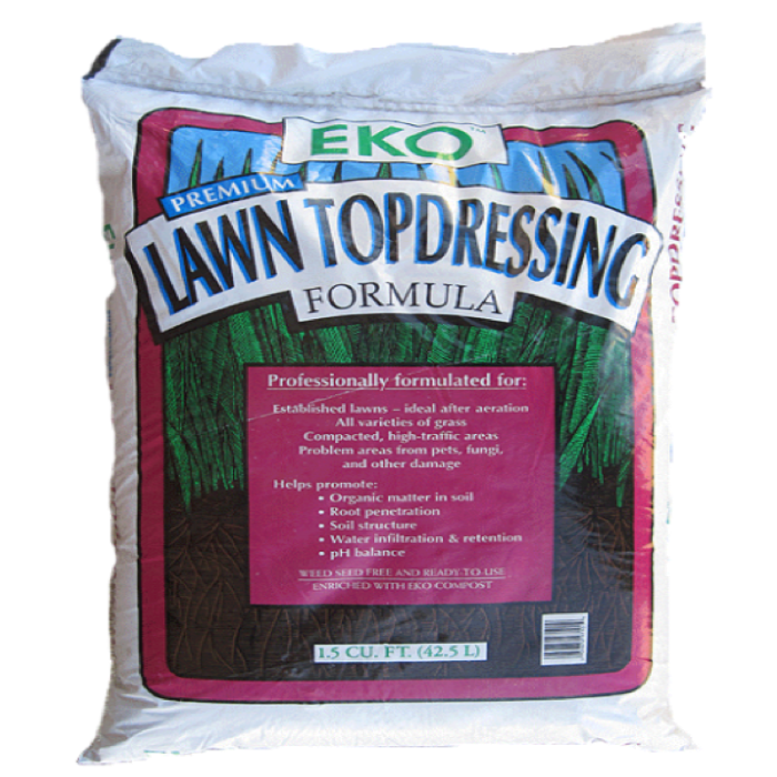 EKO Premium Lawn Topdressing Formula: 1.5 cu ft (42.5 L) bag, improves soil structure, promotes root penetration, ideal for established lawns & high-traffic areas.

